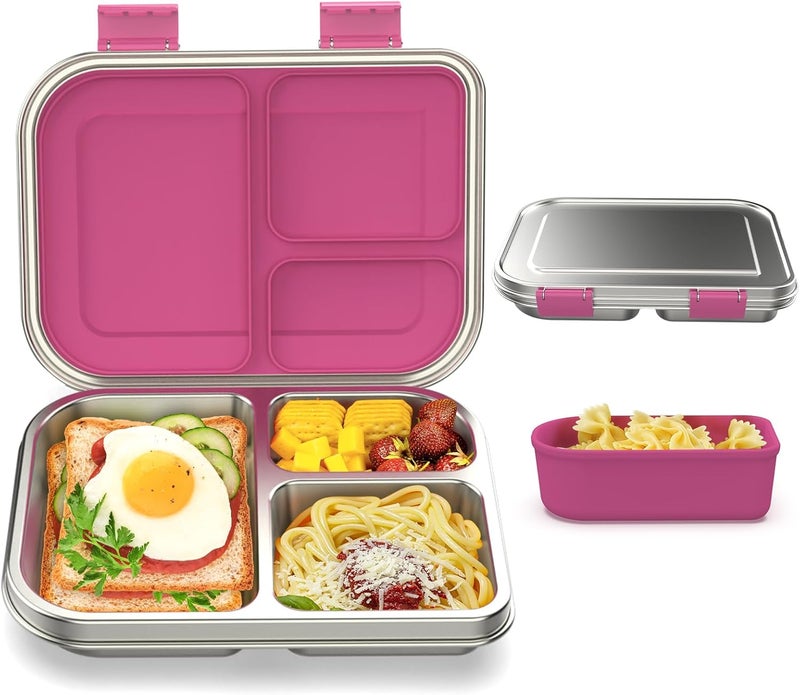 BABHAMNESS Stainless Steel Bento Box Kids, 3 Compartments Leak Proof Metal Bento Lunch Box, 304 Stainless Steel Bento Lunch Containers for School and Office,Dishwasher Safe, BPA-Free-Pink - Image 1